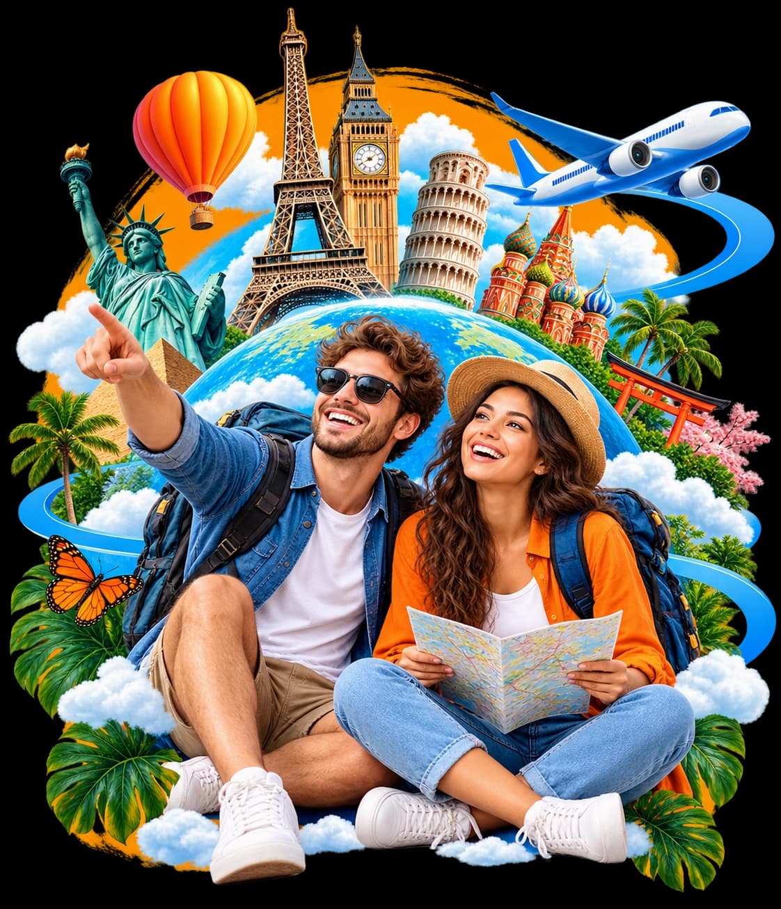 Travelers planning a trip among world landmarks