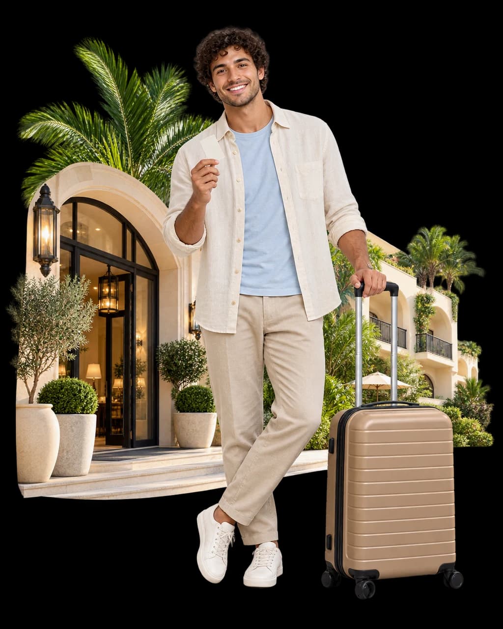 A smiling traveler with a room key and suitcase beside a hotel